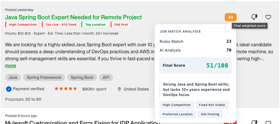 Score badges injected directly into Upwork job cards